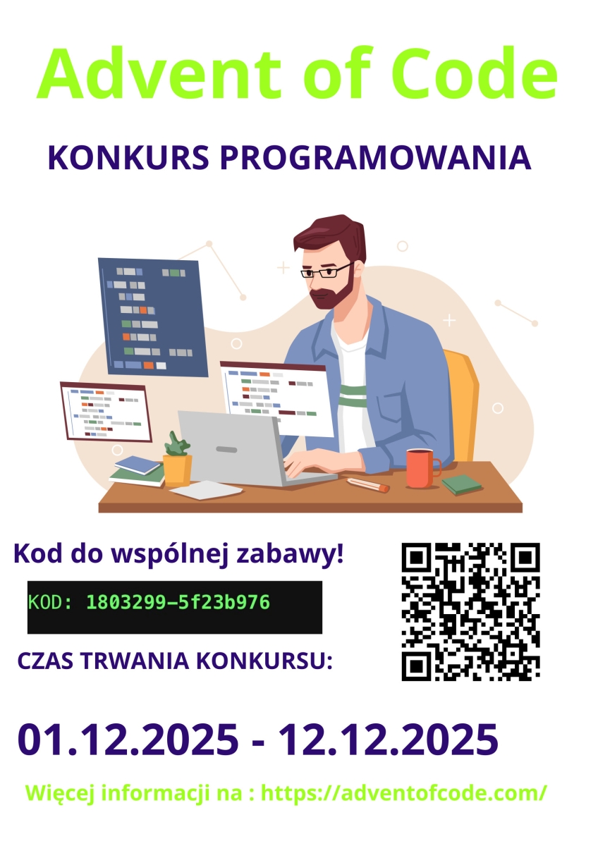 Zapraszamy wszystkich uczniów do udziału w Advent of Code 2025 corocznej zabawie programistycznej, która startuje 1 grudnia