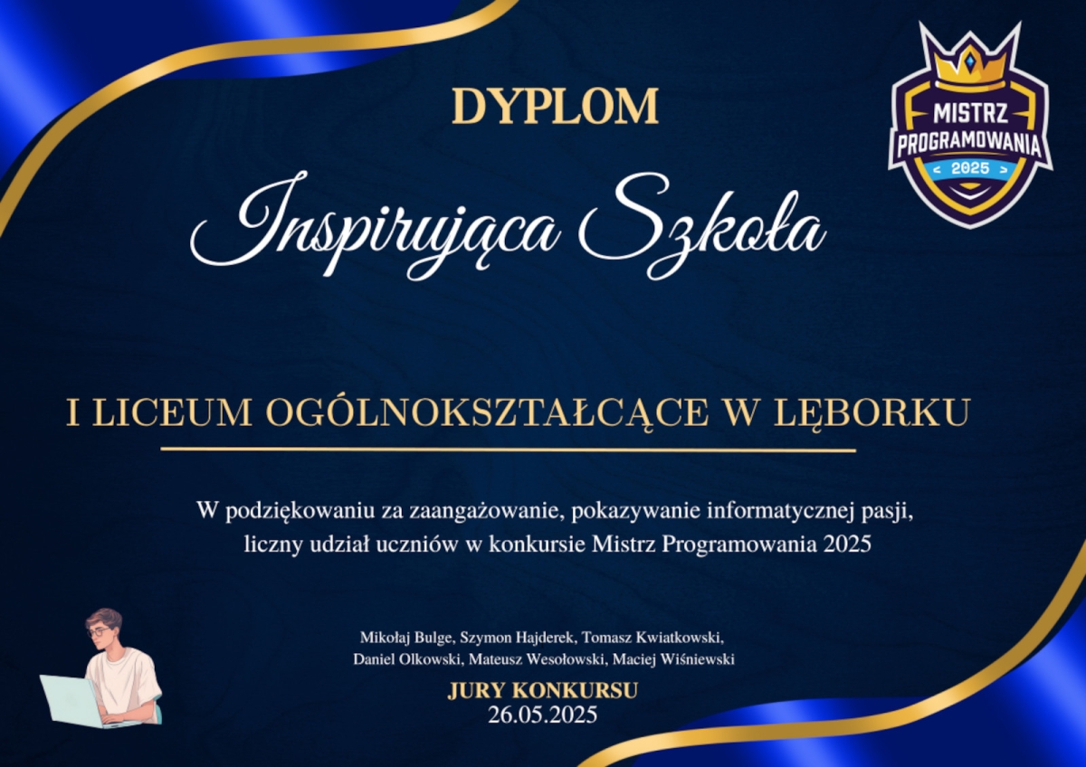 Nasza szkoła otrzymała dyplom Inspirującej Szkoły w ramach ogólnopolskiego konkursu Mistrz Programowania 2025