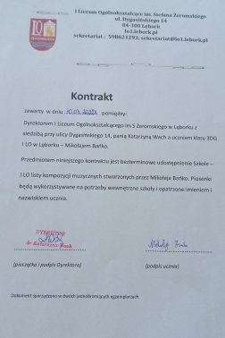 kontrakt pomiędzy Dyrekcją I LO a uczniem klasy 3DG - Mikołajem Bańko